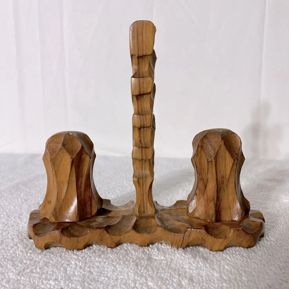 Vintage Hand Carved Wood Salt & Pepper Shakers With Carrier Stand - Picture 1 of 15
